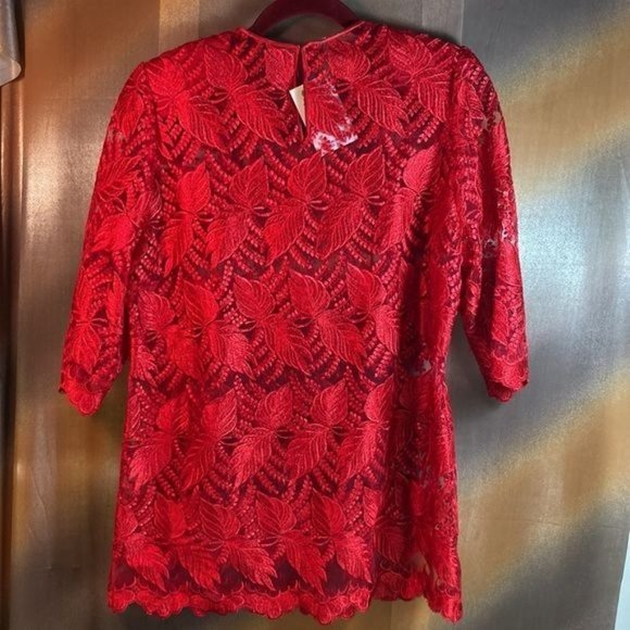 TAILOR Made Red Crochet Lace Top Stunning See Thru Blouse Long Sleeves Size M - Picture 2 of 4